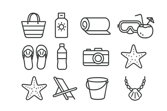 Beach essentials icon set: summer symbols for travel and vacation