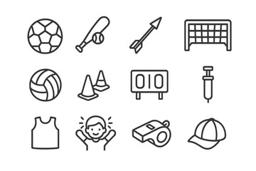 Fototapeta premium Sports equipment icons: balls, whistle, goal, jersey, cap