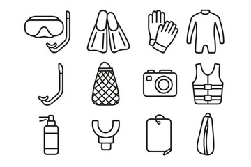 Scuba diving gear icons set with snorkel, flippers, camera, wetsuit, vest, gloves
