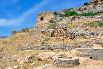 View on wall ruins of Spinalonga Fortress, Former leper colony, Crete, Greece