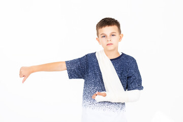 Portrait boy hand bandage isolated white background, child hand injury bandage dressing, broken hand