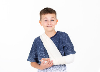 Portrait boy hand bandage isolated white background, child hand injury bandage dressing, broken hand