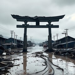 Flooded coastal town in Japan after 2025 tsunami.