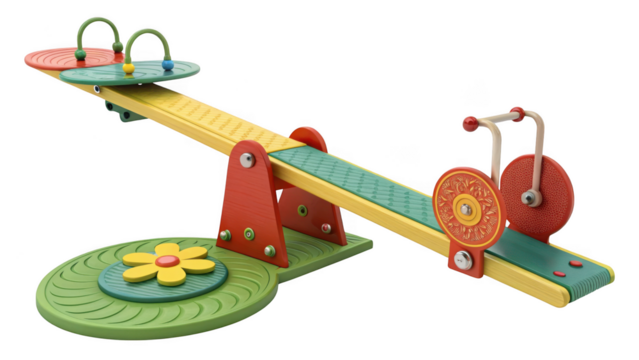 Colorful seesaw playground equipment with flower detail isolated on transparent background