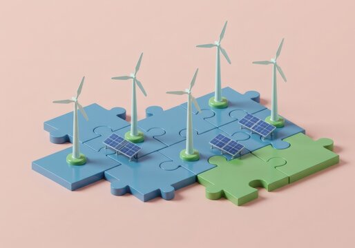 Wind Turbines and Solar Panels Puzzle in Eco-Friendly Environment