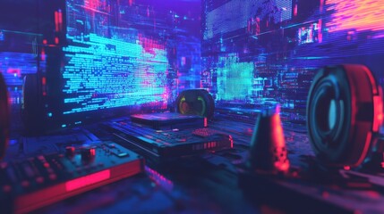 Futuristic digital workspace with vibrant colors and complex electronic components.