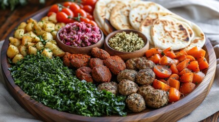Fototapeta premium Mediterranean mezze platter with variety of fresh ingredients for a delightful gathering