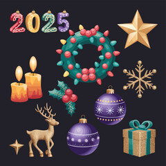 vector Happy New Year Celebrating 2025 in Latin letters , Christmas Decoration Items Santa Claus
