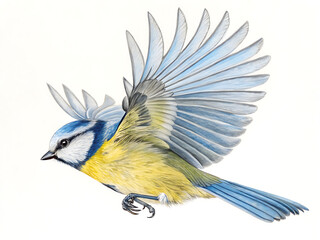 A detailed illustration of a blue tit bird in flight with wings spread against white background