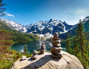 balanced stone cairns on a large boulder overlook morskie oko lake surrounded by fir trees and snowy tatra peaks in springtime tatra national park © Emily