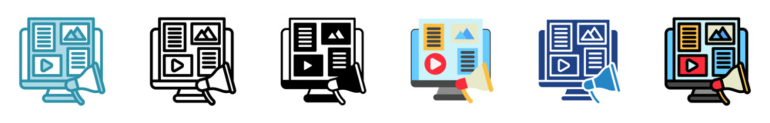 Coverage multi style, mini illustration icon set. outline, flat, glyph, line color. vector for UI, UX, app, web, digital or print. Related to journalist, broadcasting, news and media 