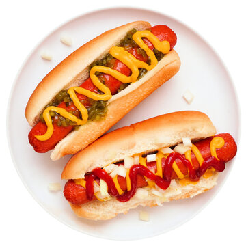Two grilled hot dogs on a white plate. Toppings of mustard and relish; and mustard, ketchup and onions. Top view plate isolated on a white background.