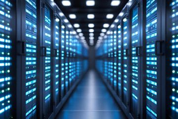 An aisle in a modern data center with glowing blue servers