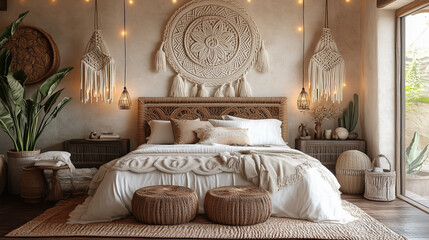 Boho style bedroom interior with natural textures and warm lighting