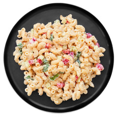 Macaroni pasta salad on a black plate.Top view isolated on a white background.