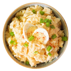 Classic potato salad in a grey bowl. Overhead view isolated on a white background.