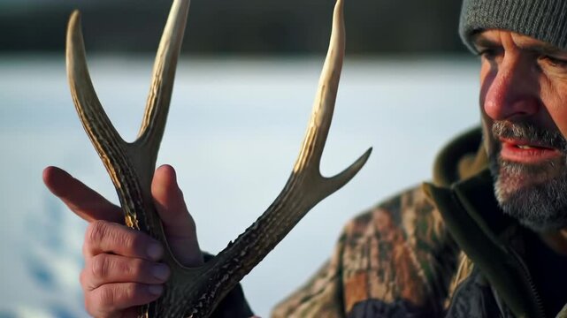 Hunter holding deer antlers in snowy landscape after successful hunt