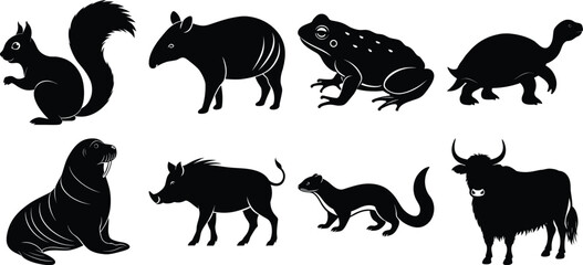 Set of various animal silhouettes, isolated on transparent background