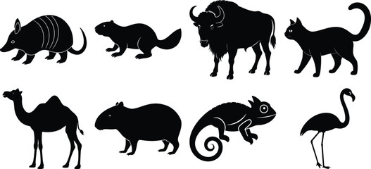 A collection of various animal silhouettes, isolated on transparent background