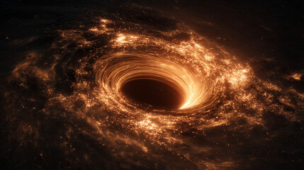 Cosmic black hole surrounded by glowing gas and stars in space  