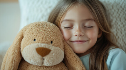 Young girl smiling while hugging plush toy on cozy sofa  