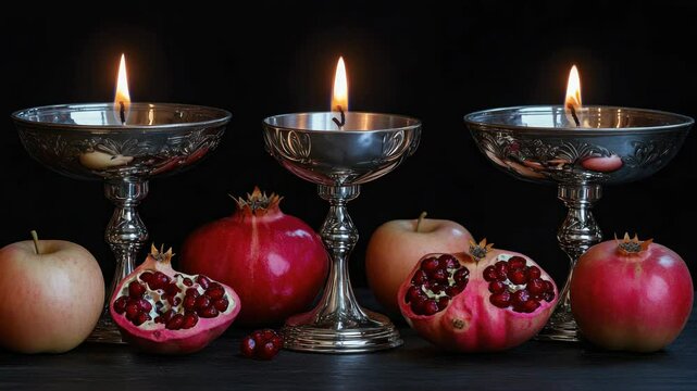 Still life graph of fruit, including apples and berries, with lit candles in silver holders, creating a warm and festive atmosphere.