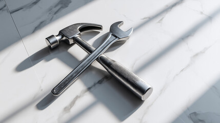Hammer and wrench crossed on marble surface with natural light  