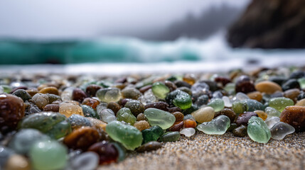 Colorful sea glass on sandy beach with waves in the background  