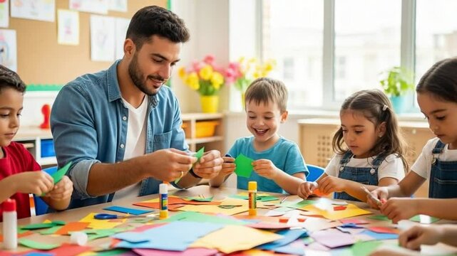 Creative expression with scissors, glue, and paper in kindergarten art time

