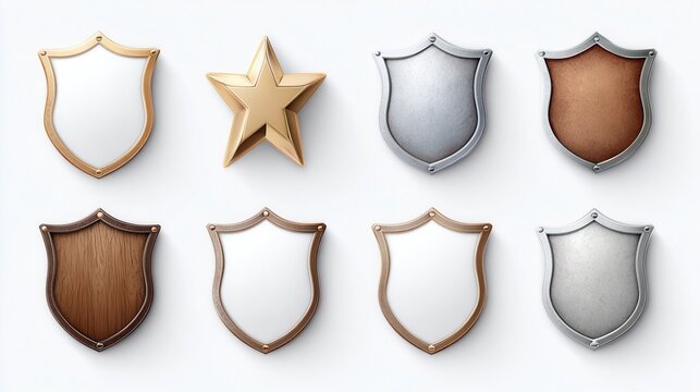 A collection of ornate shields and a star, featuring various materials like wood and metal, Ideal for design projects, awards, or branding, symbolizing protection and achievement,