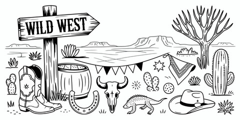 Western desert landscape with cowboy boots and skull vector