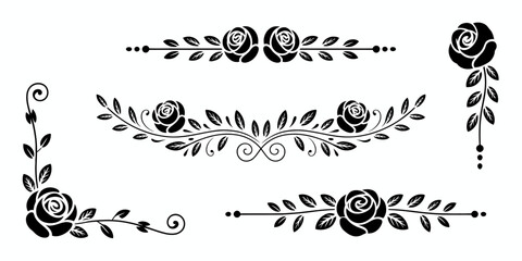 Elegant black rose floral decorative borders and corners white