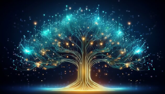 an abstract technology tree with glowing lines and dots against a dark background representing connectivity growth and digital innovation