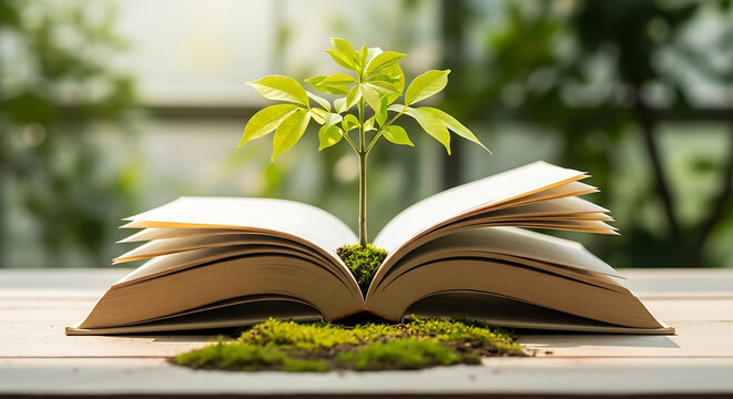 A small plant grows from the pages of an open book, symbolizing the growth of knowledge