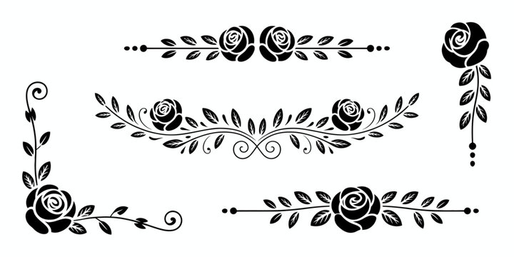 Elegant black rose floral decorative borders and corners white