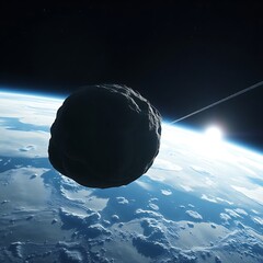 A detailed interstellar object drifting past Earth in deep space. Illuminated rock surface, subtle dust trail, and distant sunlight evoke wonder