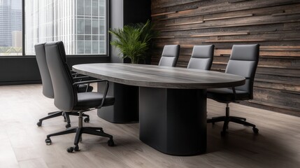 Stylish meeting room featuring a modern oval table and ergonomic chairs, perfect for corporate discussions or presentations, enhancing productivity and professionalism in workspace design,
