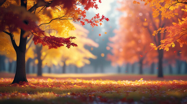 Dreamy autumn park scene with soft bokeh, golden maple leaves in warm orange and crimson tones, blue-gray sky gradient, gentle sunlight, and misty forest ambiance - Powered by Adobe