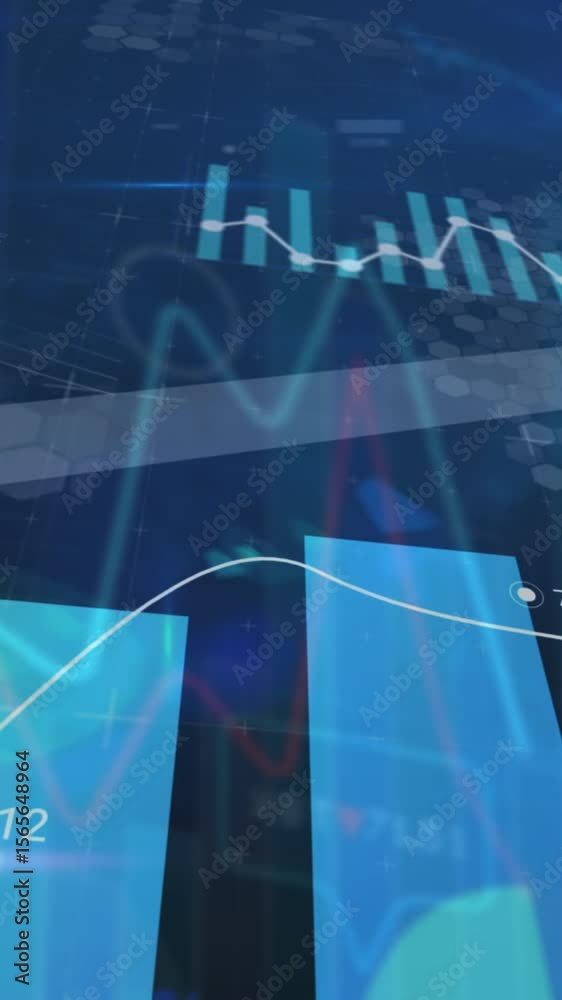 Poster animation of financial data processing with graph on black background