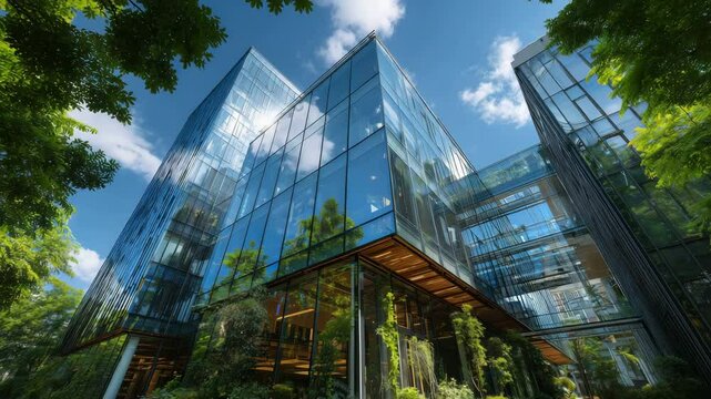 Modern glass building surrounded by trees reflects sunlight and greenery creating a harmonious blend of architecture and nature on a bright clear day in an urban eco friendly environment