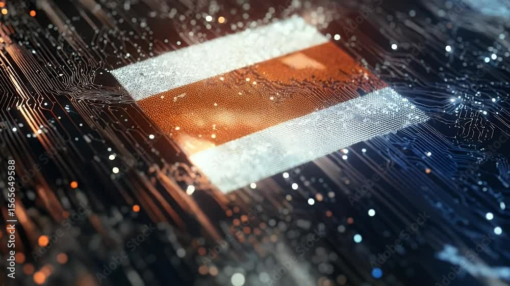 Poster close-up view of a microchip with glowing circuits and orange-colored elements, representing technol