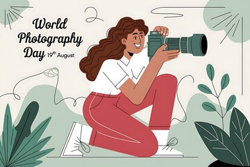 A woman is taking a photo on world photography day with plants around her