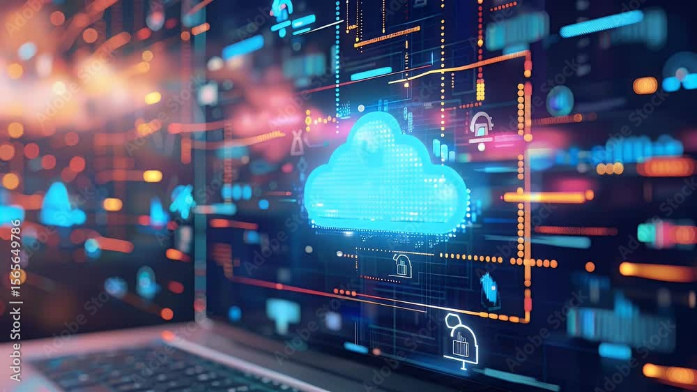 Poster close-up of a laptop screen displaying a glowing digital cloud and network data visualization of dat