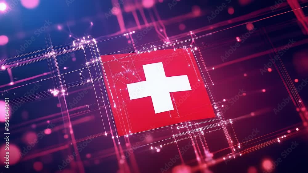 Aufkleber digital animation of the flag with glowing particles and a matrix-like background highlighting the c