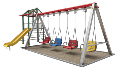 Colorful playground swing set with slide and sand isolated on transparent background