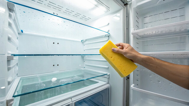 Person cleaning empty refrigerator, chiller shelf with a yellow sponge. The inside of an empty refrigerator being cleaned. Refrigerator interior cleaning. How to clean a refrigerator? 