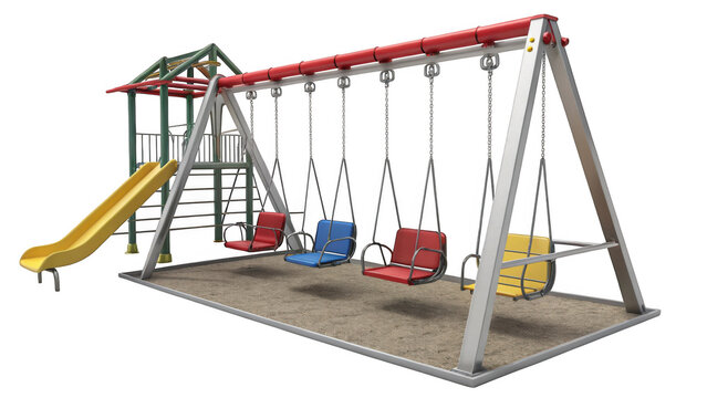 Colorful playground swing set with slide and sand isolated on transparent background