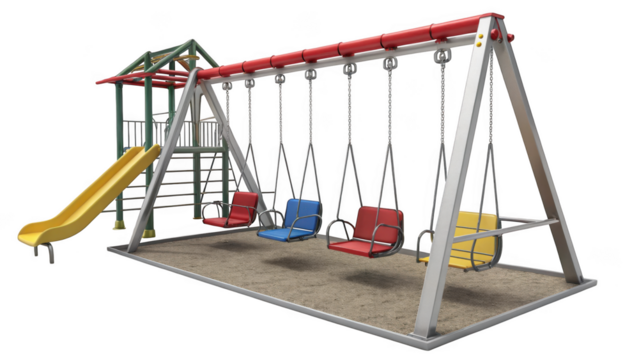 Colorful playground swing set with slide and sand isolated on transparent background
