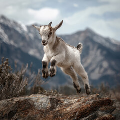 Obraz premium Young Goat Jumping on Rock Mountain Background Midday Sunlit Scene