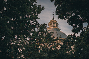 Saints Peter and Paul Cathedral steeple in Daugavpils, Latvia, catholic church in small European town